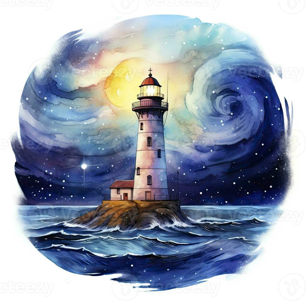 AI generated Lighthouse beside the sea at Night. watercolor for T-shirt design. AI Generated photo