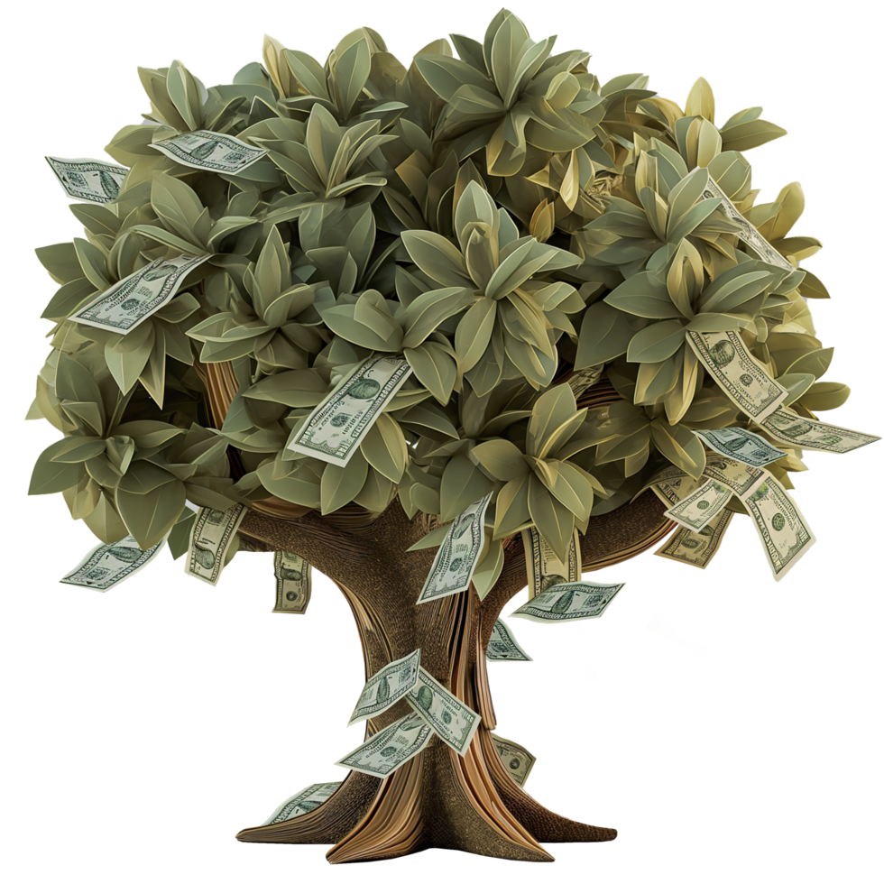 ai generiert üppig Baum Herstellung Papier Geld, 3d Design. geeignet zum Finanzen und Geschäft png