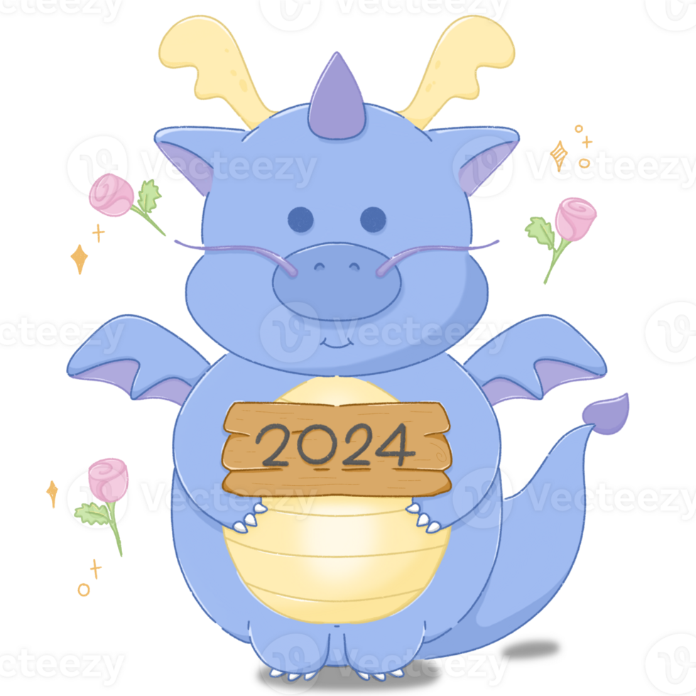 Cute cartoon blue dragon with sign 2024, New year element png