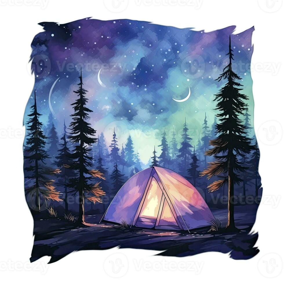 AI generated A Camping Tent in the forest with Night sky, watercolor for T-shirt Design. AI Generated photo
