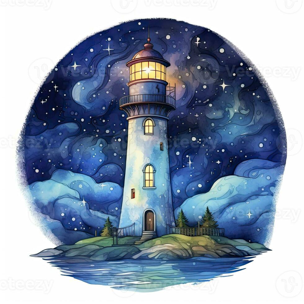 AI generated Lighthouse beside the sea at Night. watercolor for T-shirt design. AI Generated photo
