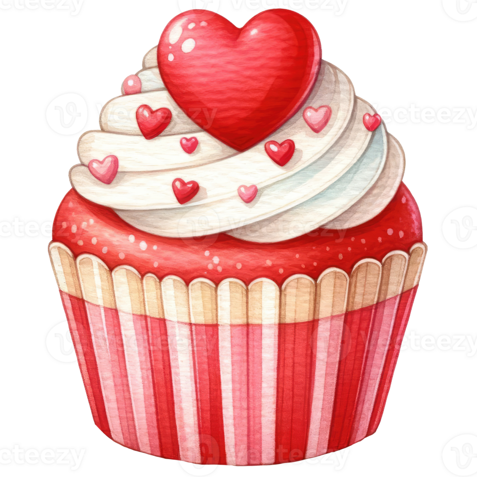 AI generated Cupcake decorated with red and white cream and heart shaped marzipan for Valentine's Day png