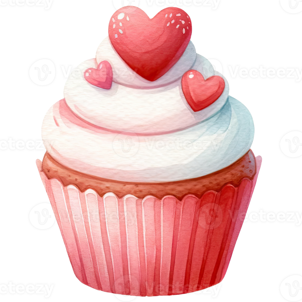 AI generated Cupcake decorated with red and white cream and heart shaped marzipan for Valentine's Day png