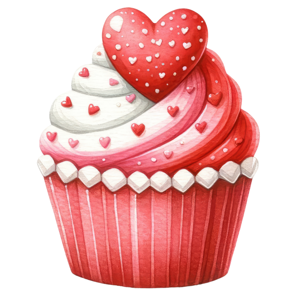 AI generated Cupcake decorated with red and white cream and heart shaped marzipan for Valentine's Day png