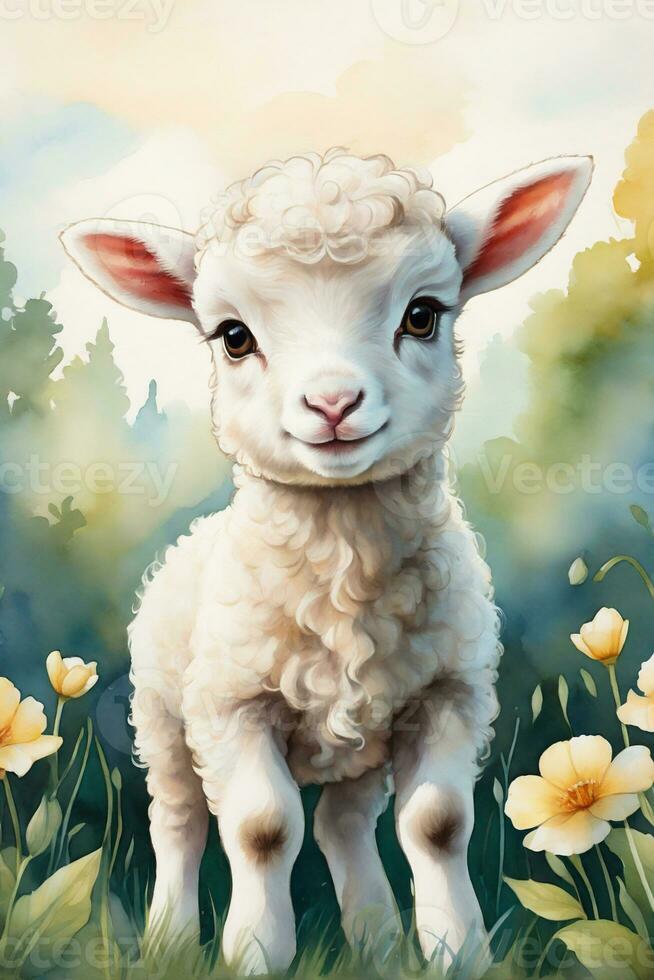 AI generated little cute lamb on a green spring meadow graphics for easter photo