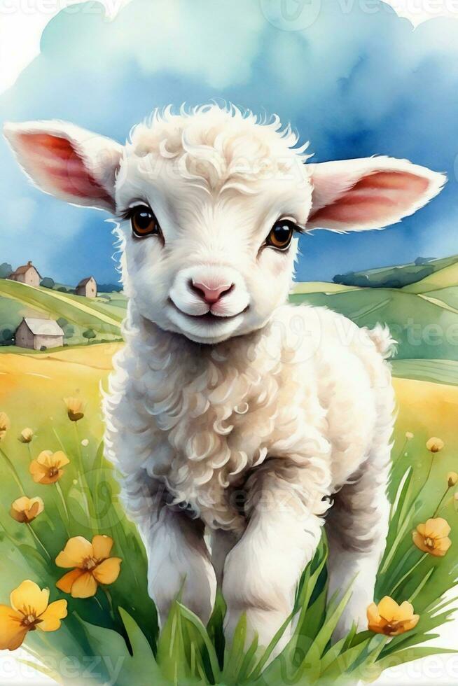 AI generated little cute lamb on a green spring meadow graphics for easter photo