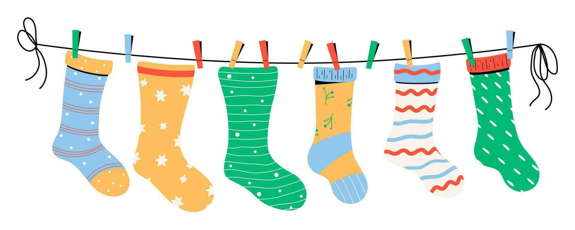 Baby socks with textures and patterns on clothes line. Vector illustration