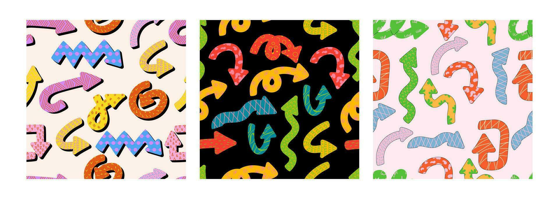 Colorful playful arrows in trendy style with vector texture. Direction indicators seamless pattern.