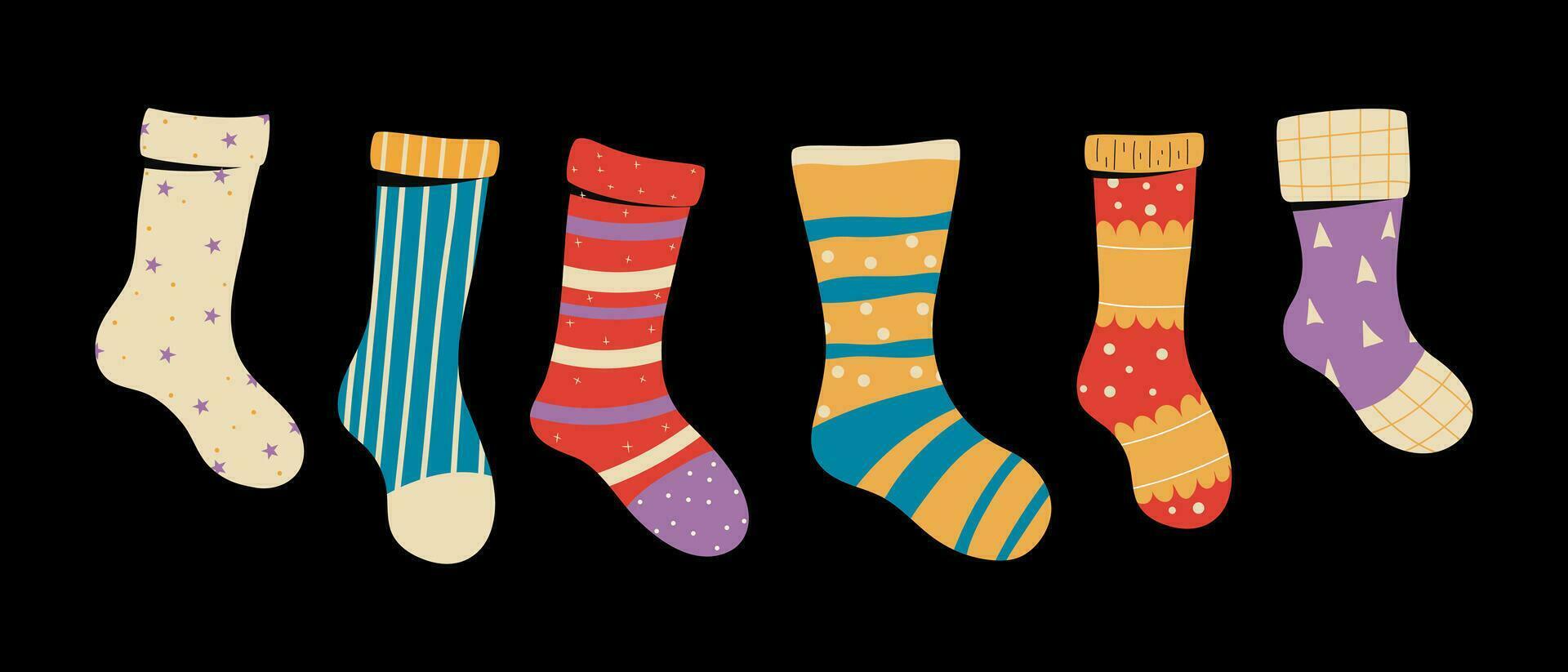 Set of socks with vibrant colors and intricate designs. Vector illustrations.