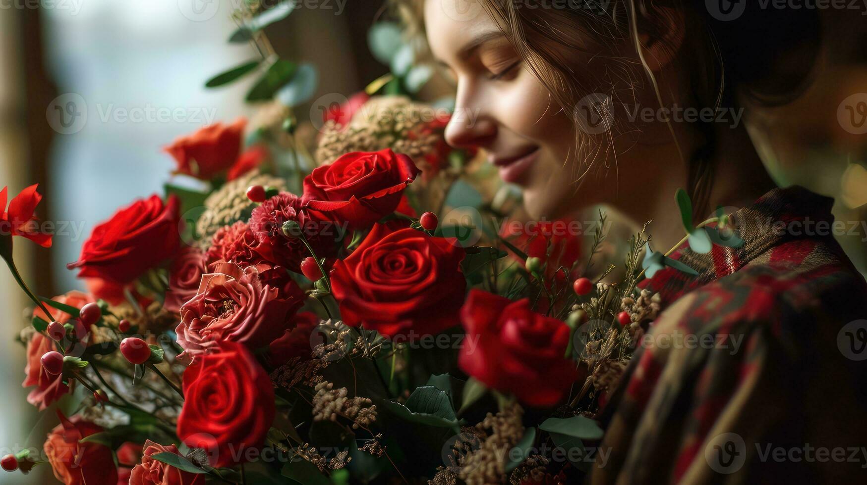 AI generated Woman Holding a Wrapped Bouquet of Roses on Valentine's Day photo