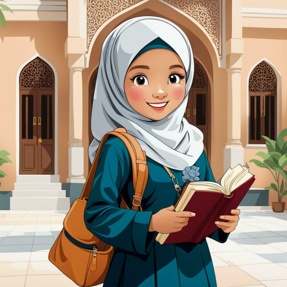 AI generated illustration of a small Indonesian student wearing a full body hijab, enthusiastic about learning, holding a booK photo