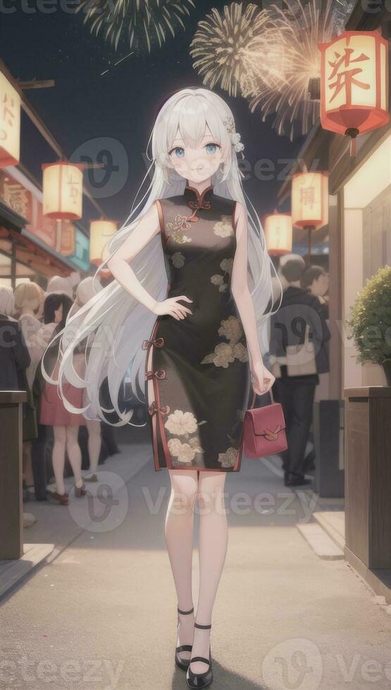 AI generated Cute Anime Girl Character Wearing Chinese Cheongsam Zansae Qipao Mandarin Gown for Visual Novel Festival Background photo