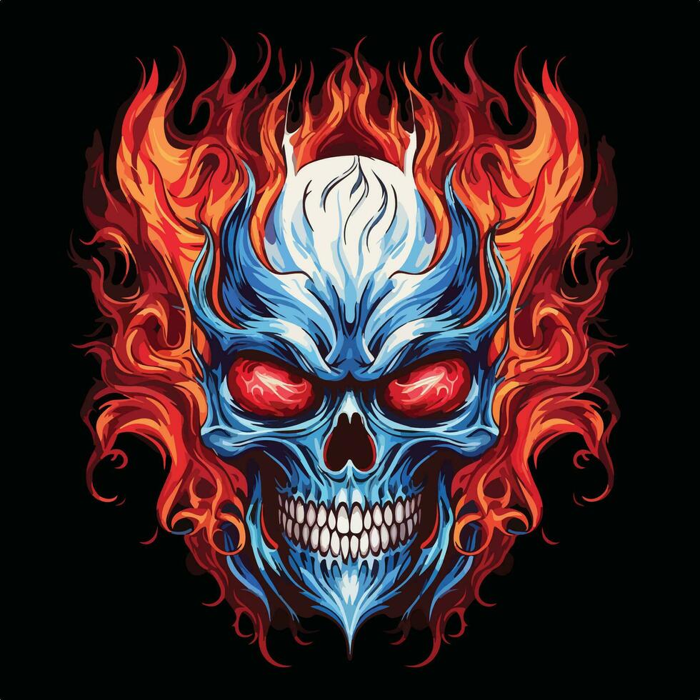 White Skull with red and blue flames vector