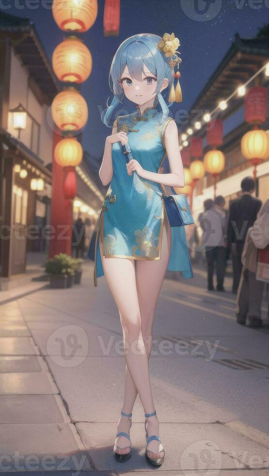 AI generated Cute Anime Girl Character Wearing Chinese Cheongsam Zansae Qipao Mandarin Gown for Visual Novel Festival Background photo