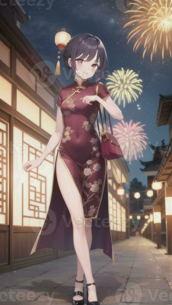 AI generated Cute Anime Girl Character Wearing Chinese Cheongsam Zansae Qipao Mandarin Gown for Visual Novel Festival Background photo
