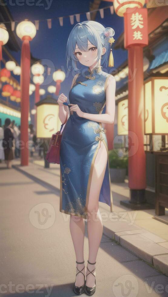 AI generated Cute Anime Girl Character Wearing Chinese Cheongsam Zansae Qipao Mandarin Gown for Visual Novel Festival Background photo