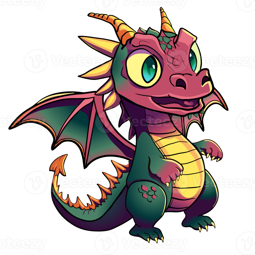 Cute cartoon green purple baby dragon character isolated illustration symbol year of dragon 2024 png