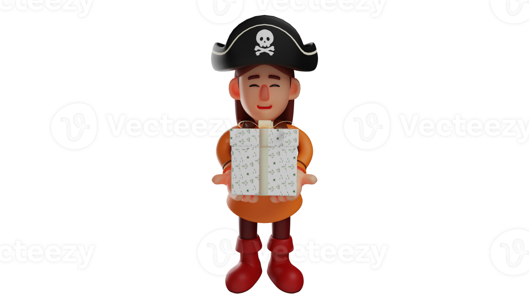 3D illustration. Romantic Pirate 3D Cartoon Character. Cute pirate holding a box of gifts. Pirate will give gifts to friend she care about. 3D cartoon character png