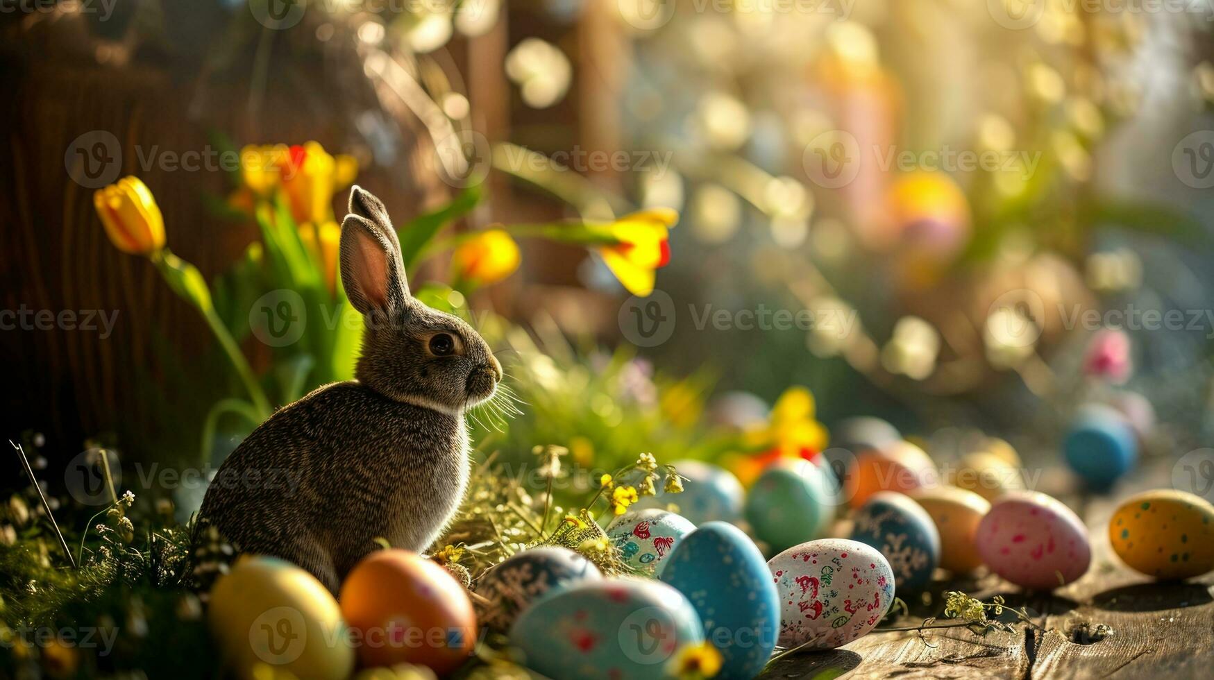 AI generated Cute bunny with colorful painted Easter eggs in the forest. Concept of happy Easter day. photo