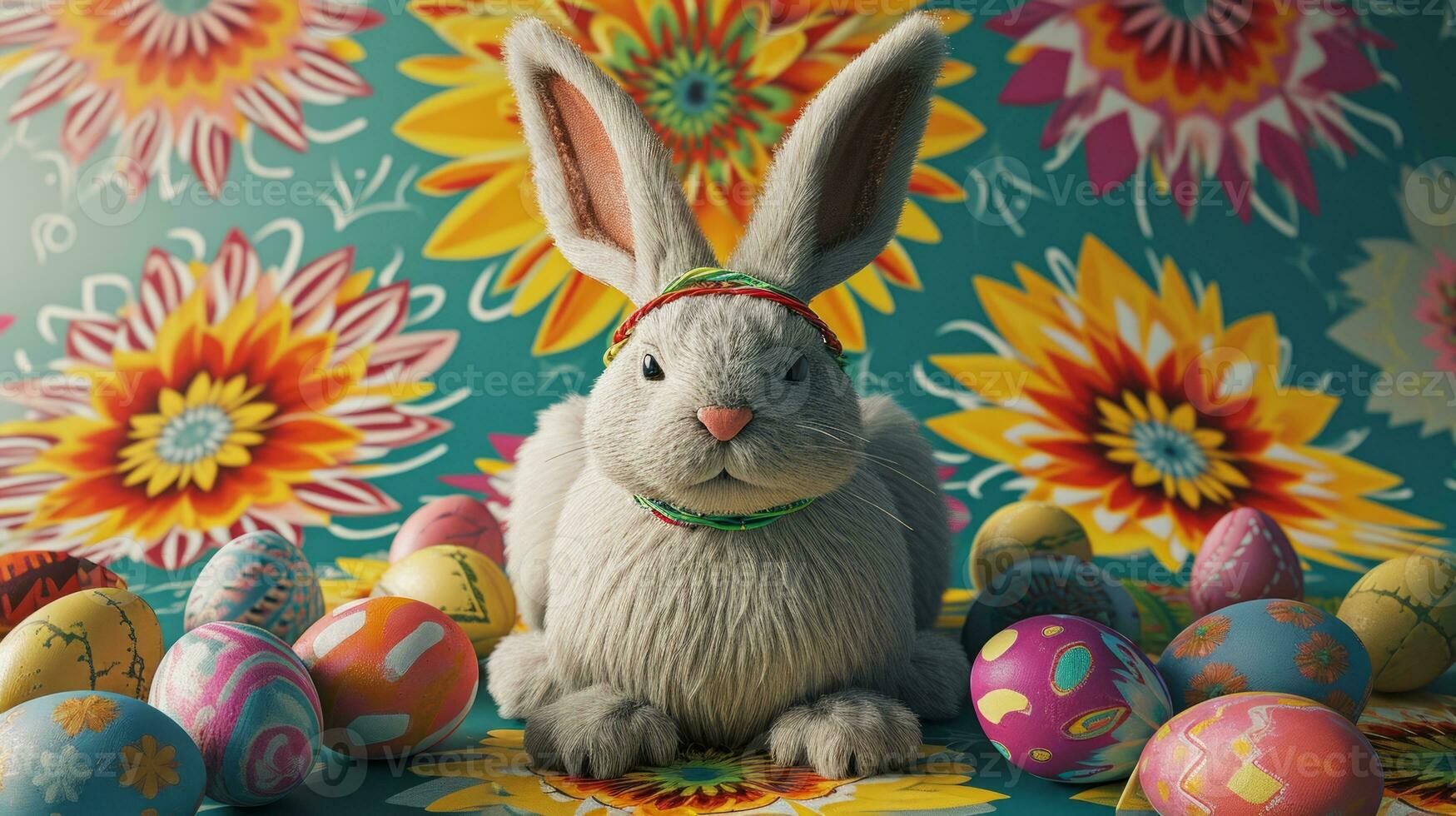 ai generado hippie conejito con vistoso pintado Pascua de Resurrección huevos. concepto de contento Pascua de Resurrección día. foto