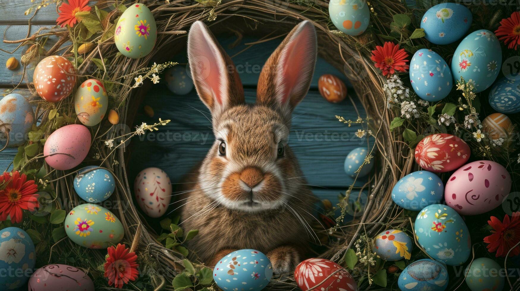 AI generated Adorable Easter bunny peeking out from its burrow. Celebrating the joy of Easter. photo