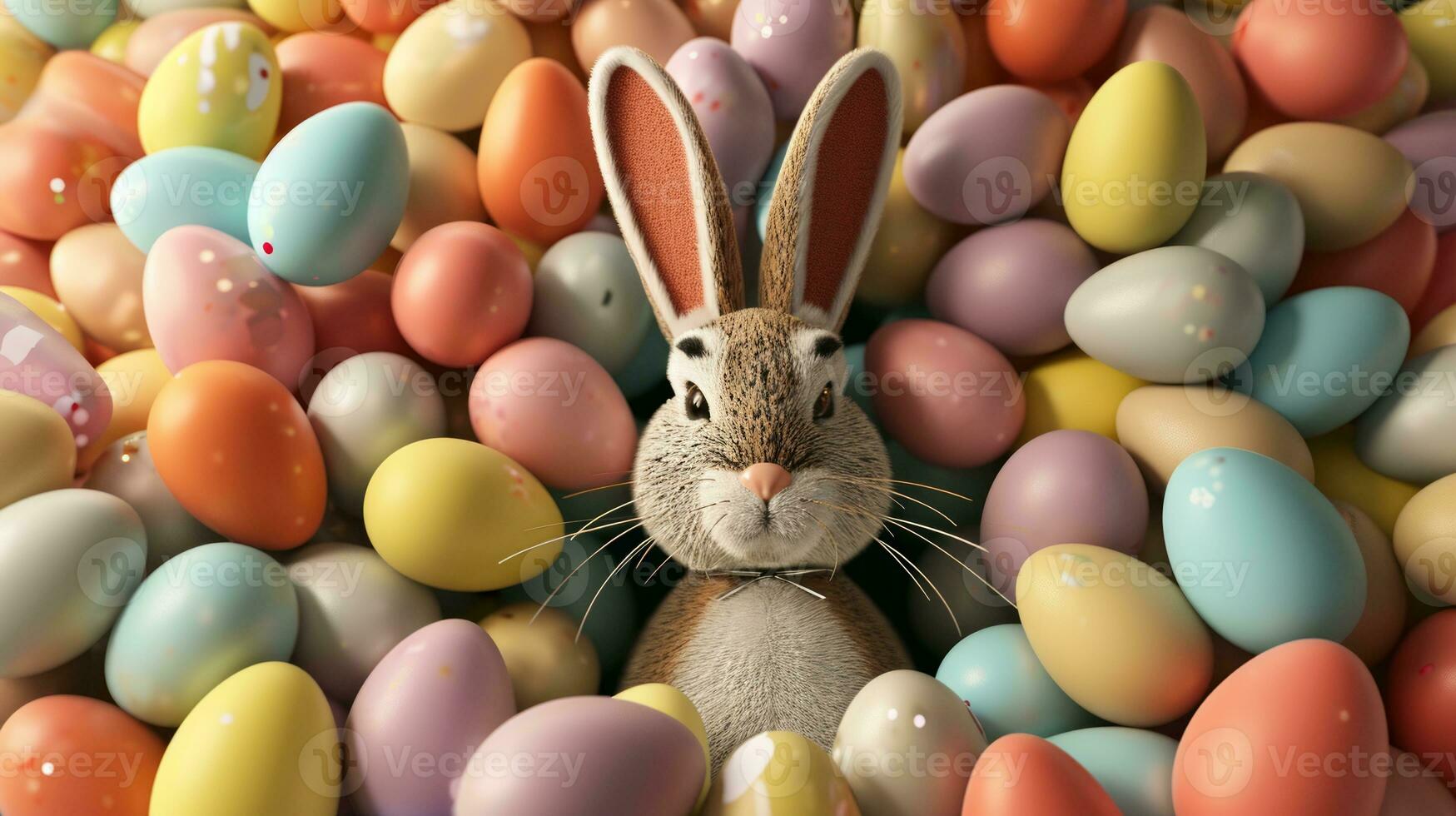 AI generated Lovely bunny with bright painted Easter eggs. Symbol of Easter happiness. photo
