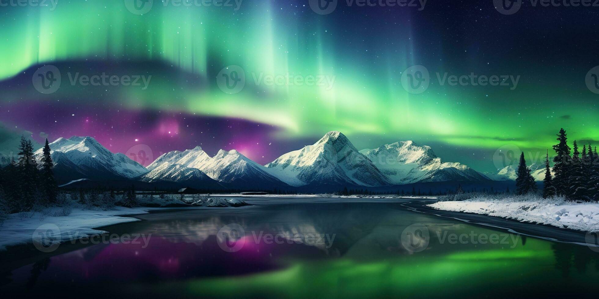 AI generated Generative AI, Green and pink northern lights above snowy mountains, winter landscape, aurora and reflection on the water surface photo