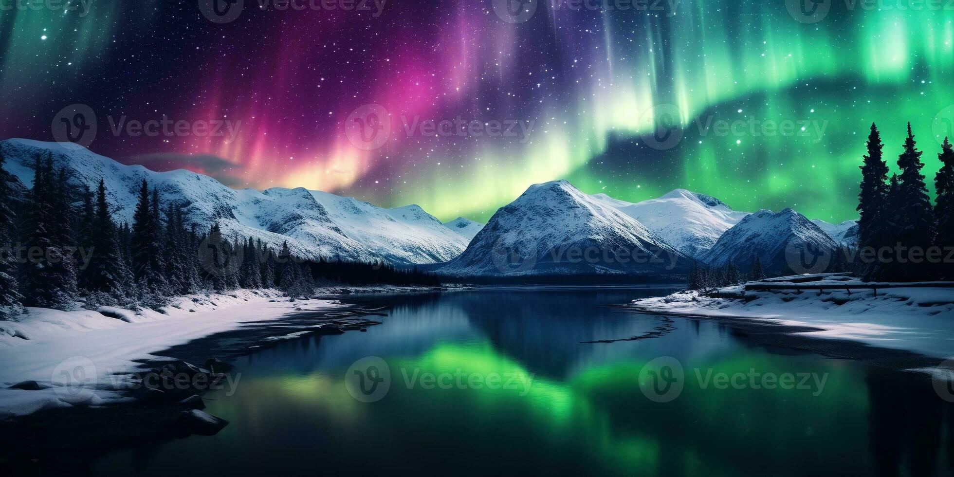 AI generated Generative AI, Green and pink northern lights above snowy mountains, winter landscape, aurora and reflection on the water surface photo
