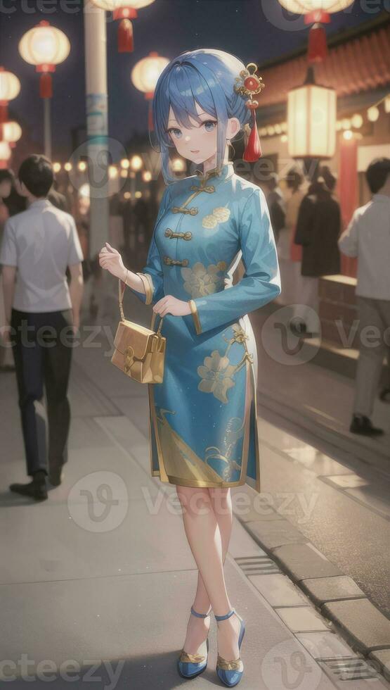 AI generated Cute Anime Girl Character Wearing Chinese Cheongsam Zansae Qipao Mandarin Gown for Visual Novel Festival Background photo