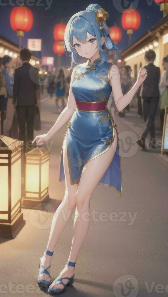 AI generated Cute Anime Girl Character Wearing Chinese Cheongsam Zansae Qipao Mandarin Gown for Visual Novel Festival Background photo