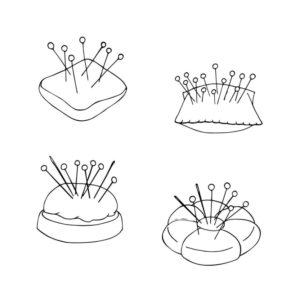 Set of hand-drawn pincushions with needles and pins. Sewing tools. Handmade, sewing equipment concept in doodle style. Isolated on a white background. vector