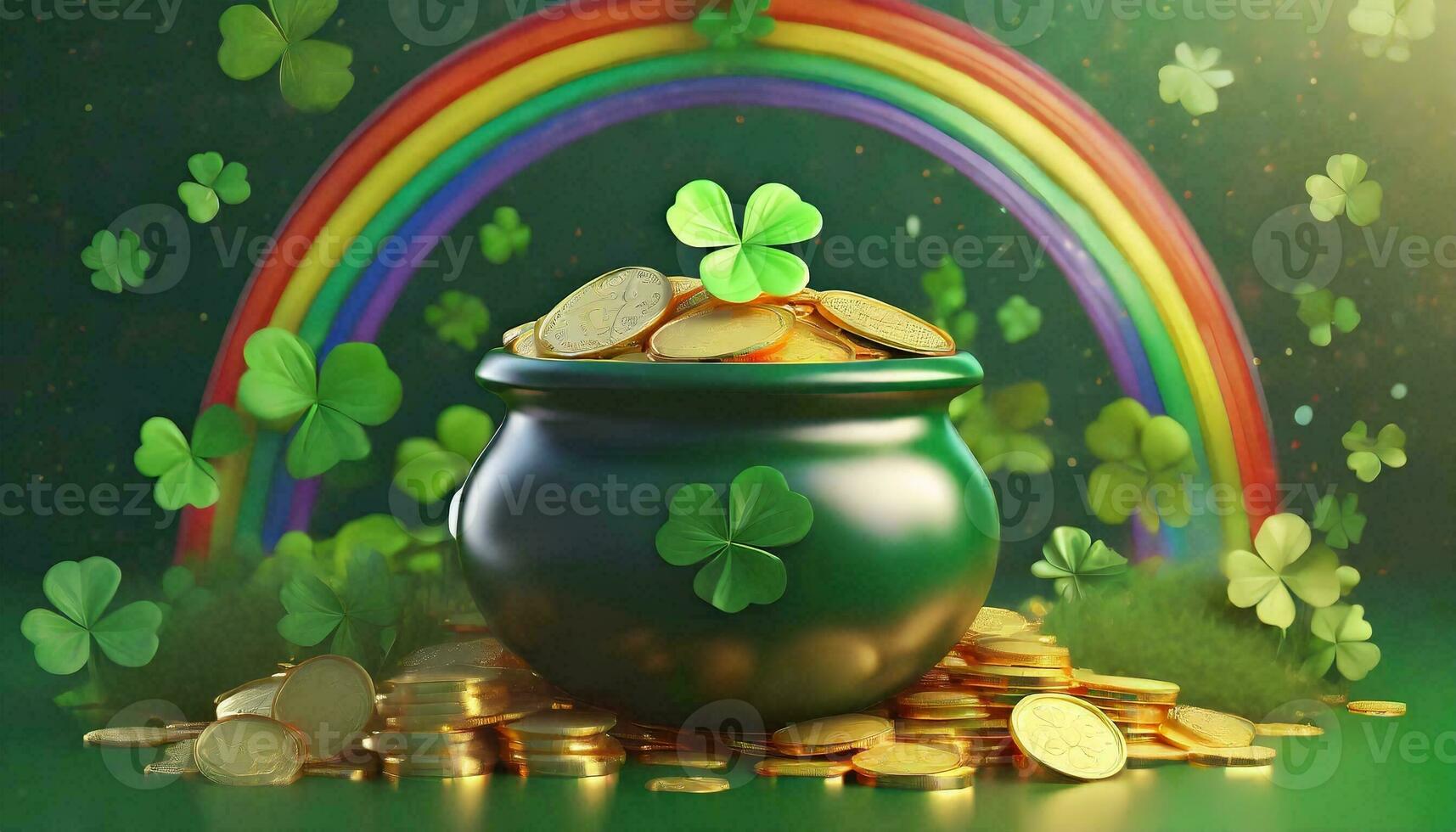 AI generated Banner with Pot of gold coins, clover leaves and rainbow. St. Patrick's day concept. photo