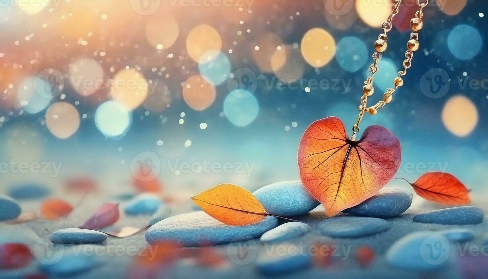 AI generated love icon leaf and bokeh background with stone beach at sunset, photo