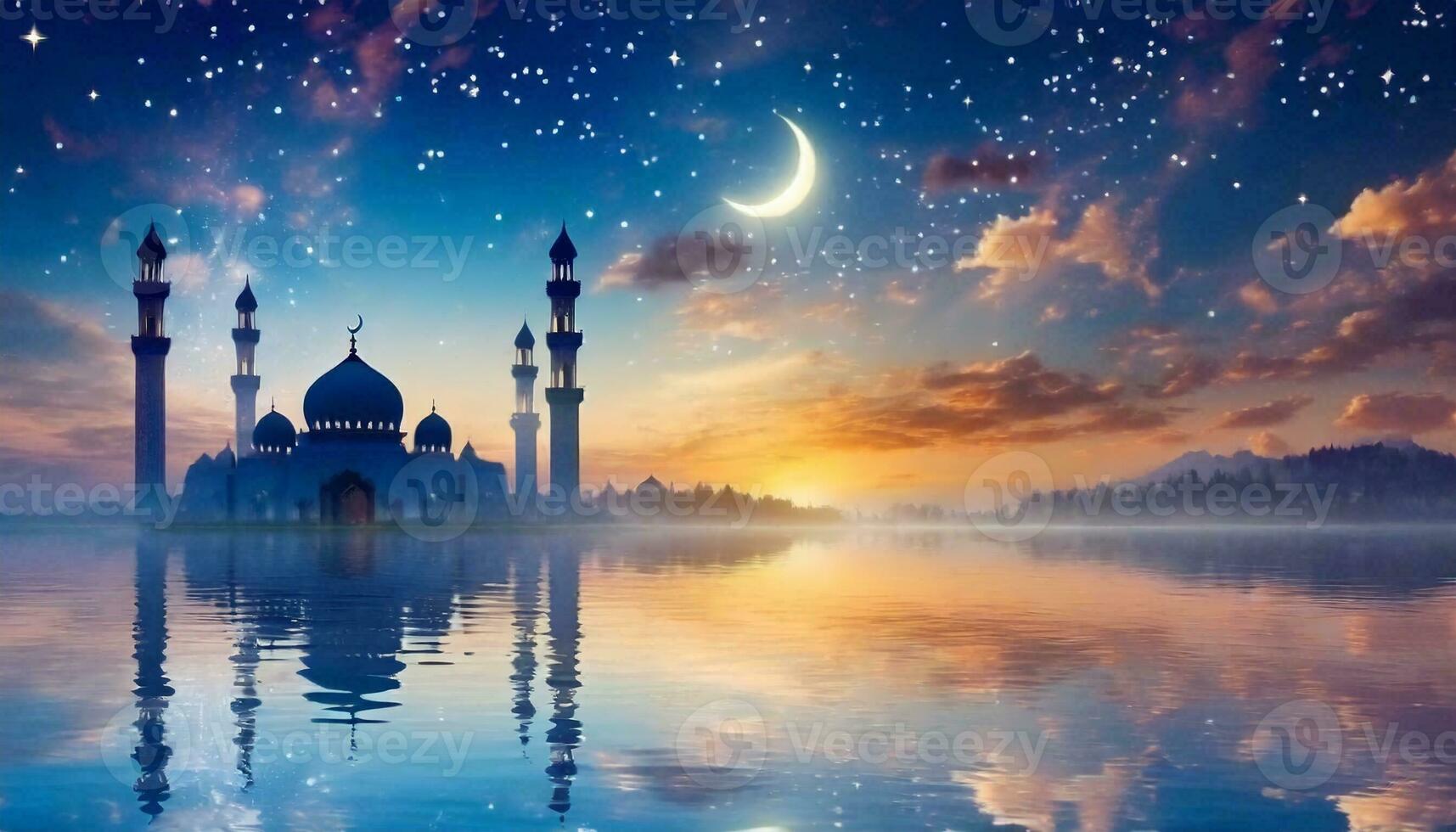 AI generated Ramadan Kareem religious background with mosque silhouettes reflected in serene sea photo