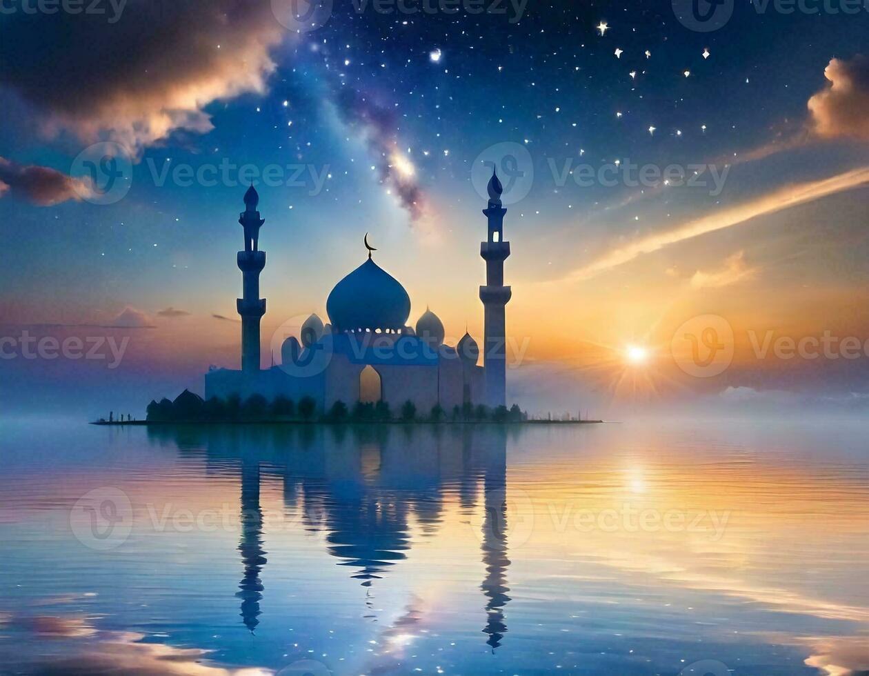 AI generated Ramadan Kareem religious background with mosque silhouettes reflected in serene sea photo