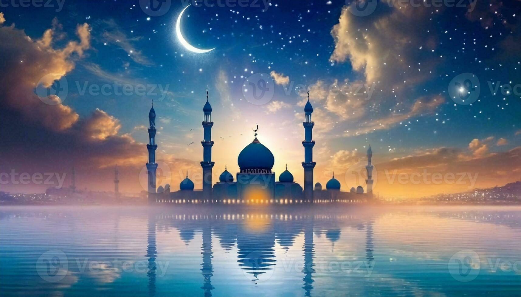 AI generated Ramadan Kareem religious background with mosque silhouettes reflected in serene sea photo