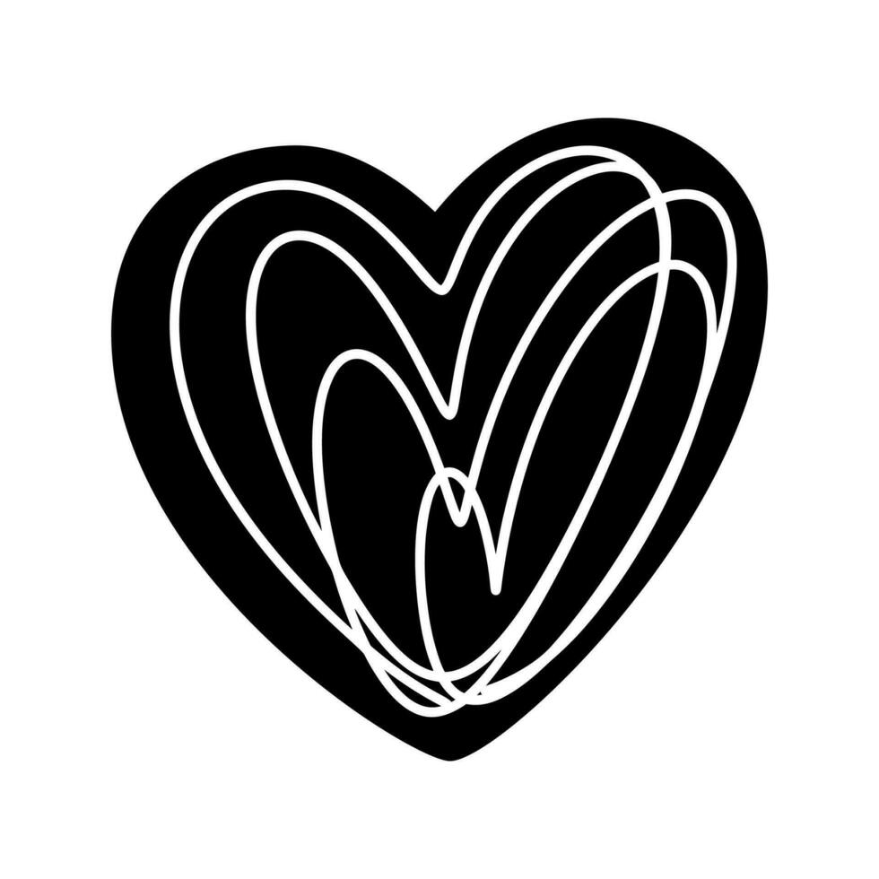 Hand drawn black heart love with white lines. Vector valentine logo icon illustration. Decor for greeting card, wedding, mug, photo overlays, t-shirt print, flyer, poster design