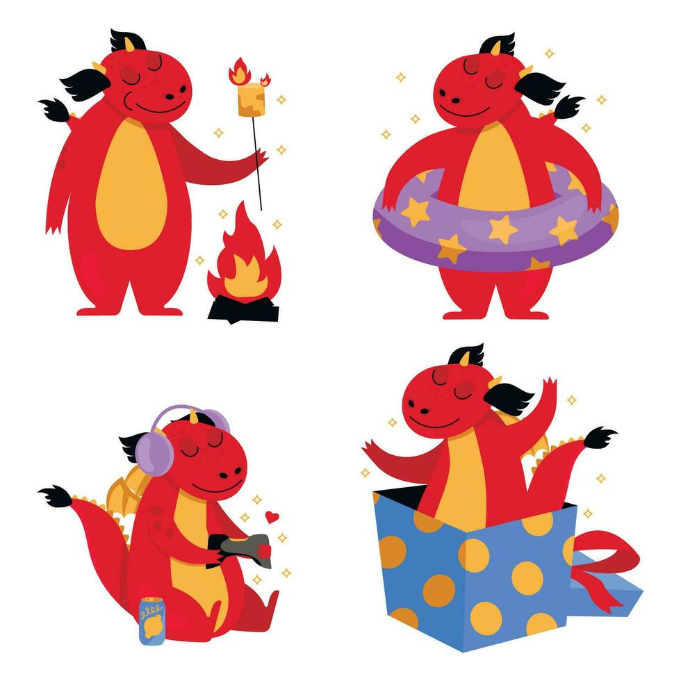 Set of illustrations with a funny dragon. He roasts marshmallows over a fire, holds an inflatable float ring, sits in a gift box and plays a video game. Vector graphic.
