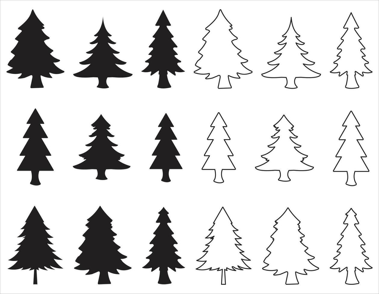 Vector set of cartoon Christmas trees, pines for greeting cards, invitations, banners, web. New Year's and Christmas traditional symbol tree with garlands, light bulbs, and stars. Winter holiday. Icon