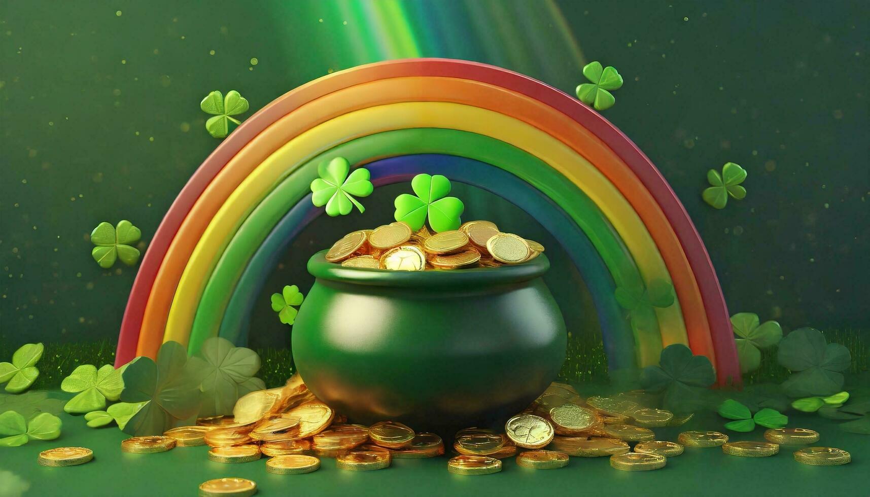 AI generated Banner with Pot of gold coins, clover leaves and rainbow. St. Patrick's day concept. photo