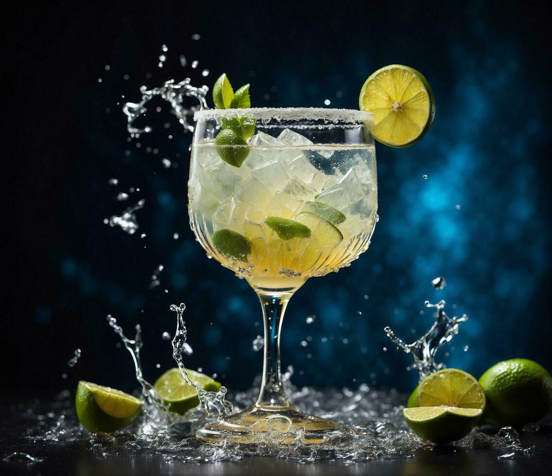 AI generated Mojito cocktail with lime and ice on a dark blue background photo