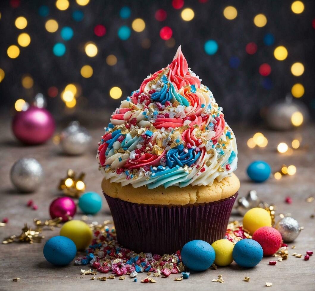 AI generated Birthday cupcake with colorful sprinkles and chocolate dragee photo