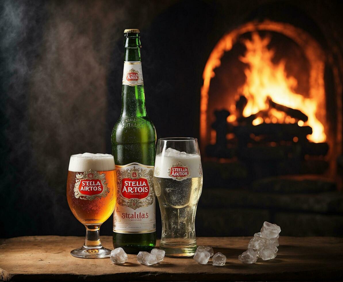 AI generated Bottle of Budweiser beer with ice cubes in front of a fireplace photo