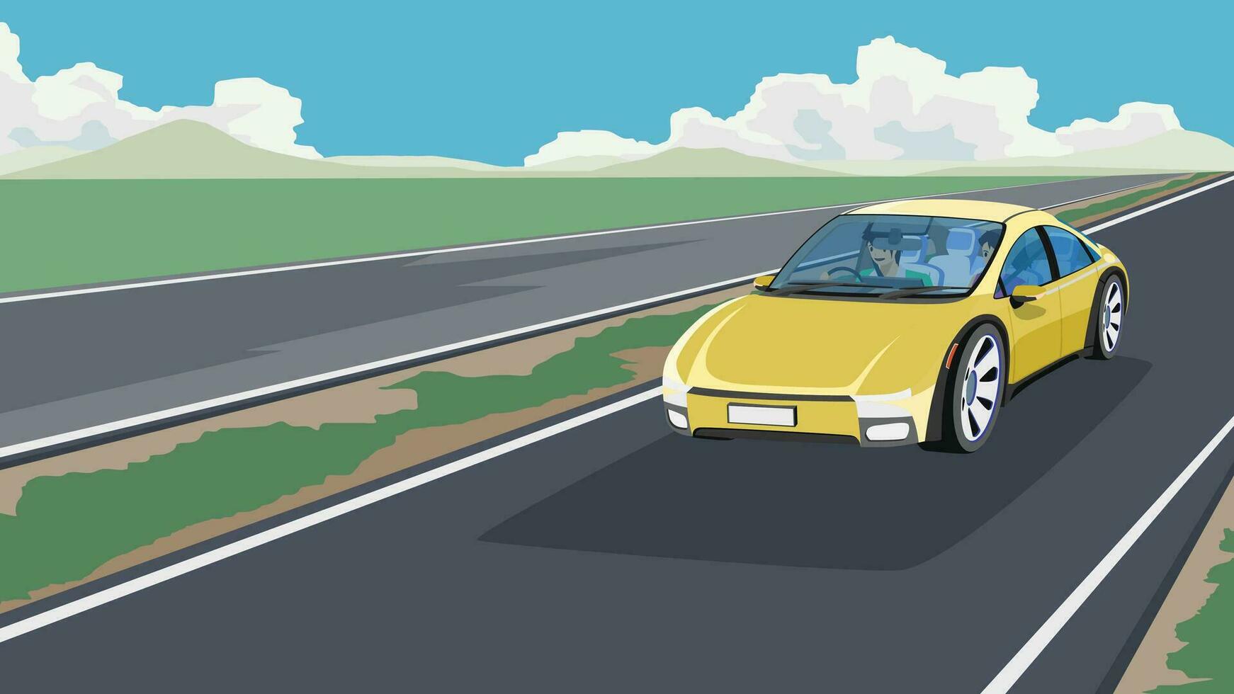 Traveling of car yellow color on asphalt road. Eco area of green grass and mountain under blue sky and white clouds. Inside car can see interior with driving and passenger girl. vector