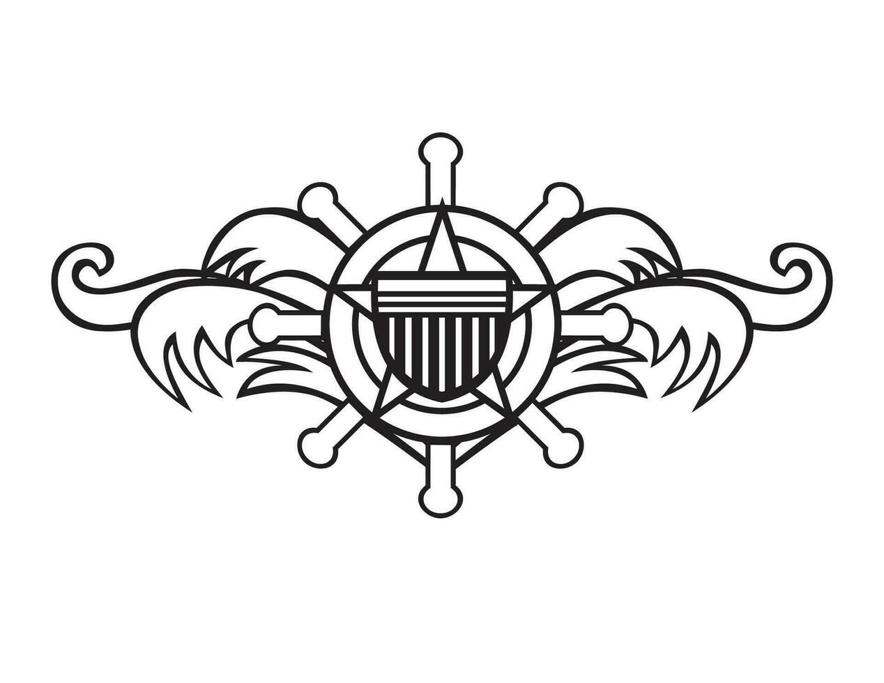 Helm with Star Shield and Waves Black and White Mascot Retro vector