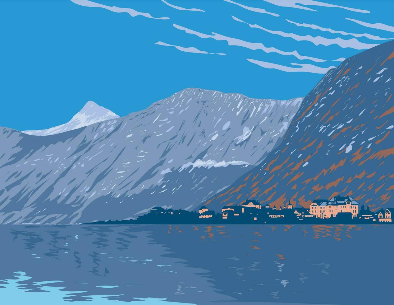 Hallstatter See or Lake Hallstatt in Salzkammergut Austria WPA Poster Art vector
