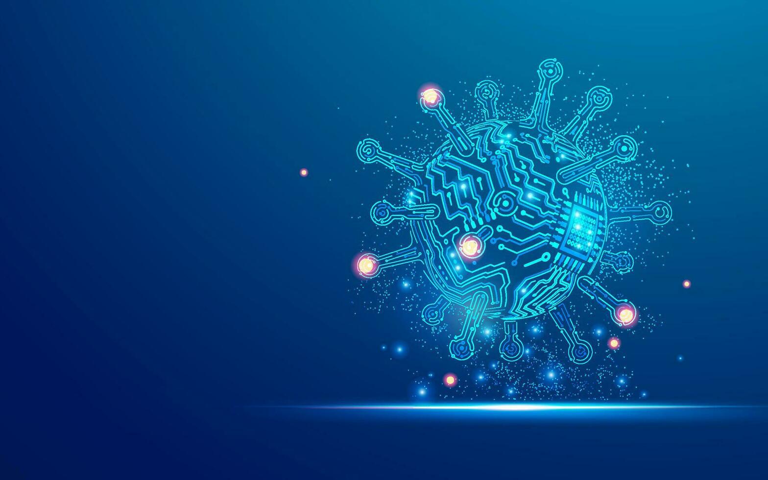 concept of synthetic virolog or artificial virus, graphic of virus cell combined with electronic pattern vector