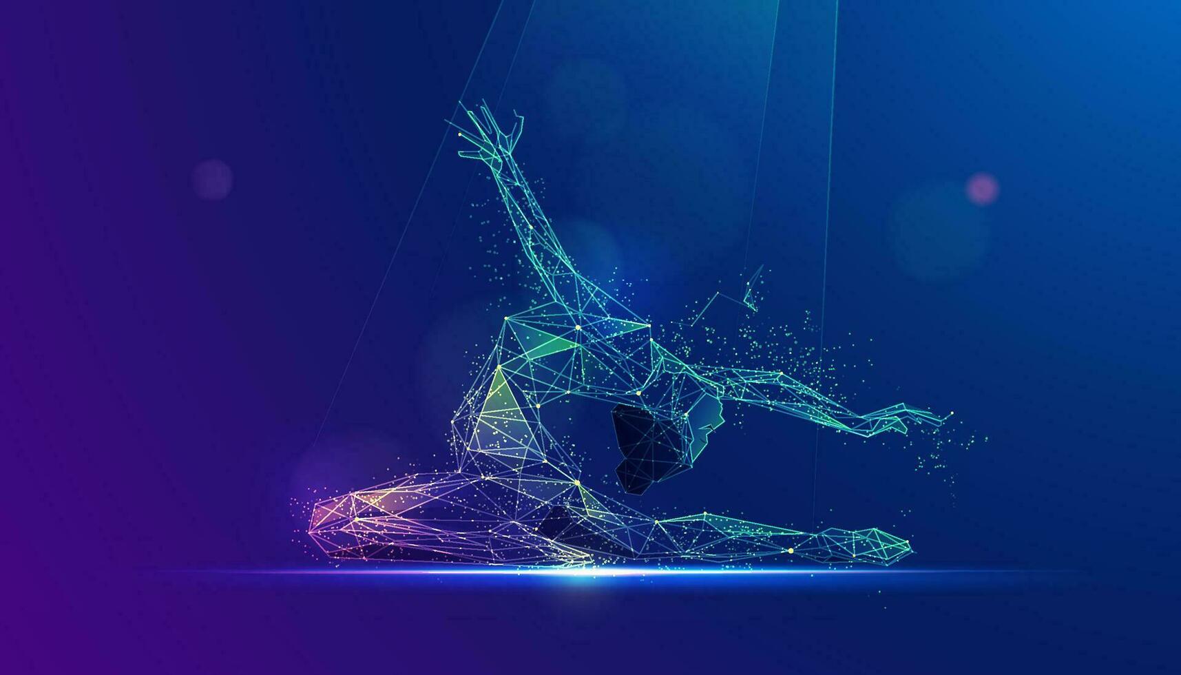 graphic of low poly wireframe ballerina performing rhythmic gymnastics presented with vivid futuristic style vector