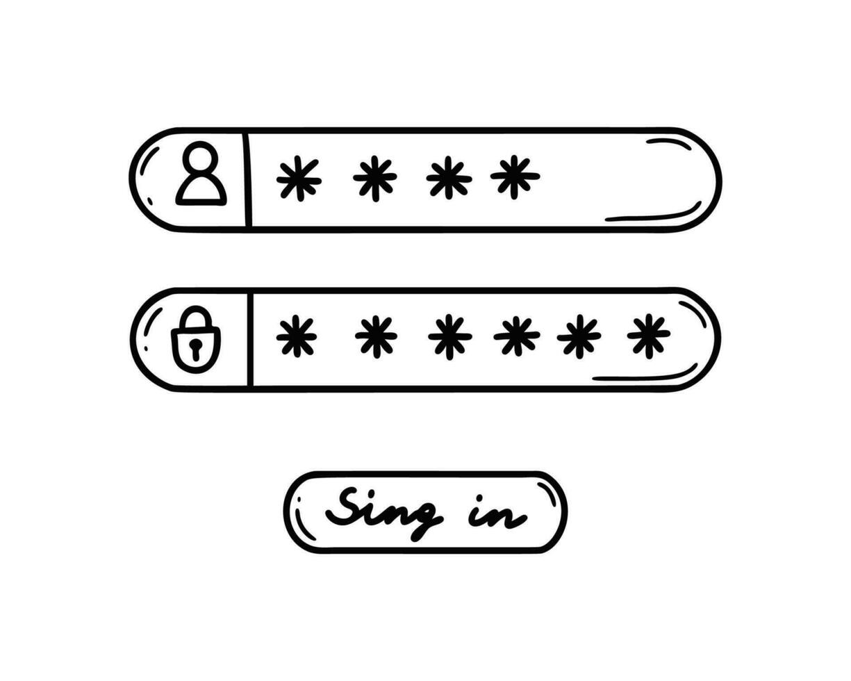 Doodle password register form. User name verification and authorisation. Hand drawn sketch login, logout, sign in illustration. Mobile app and pc user interface vector