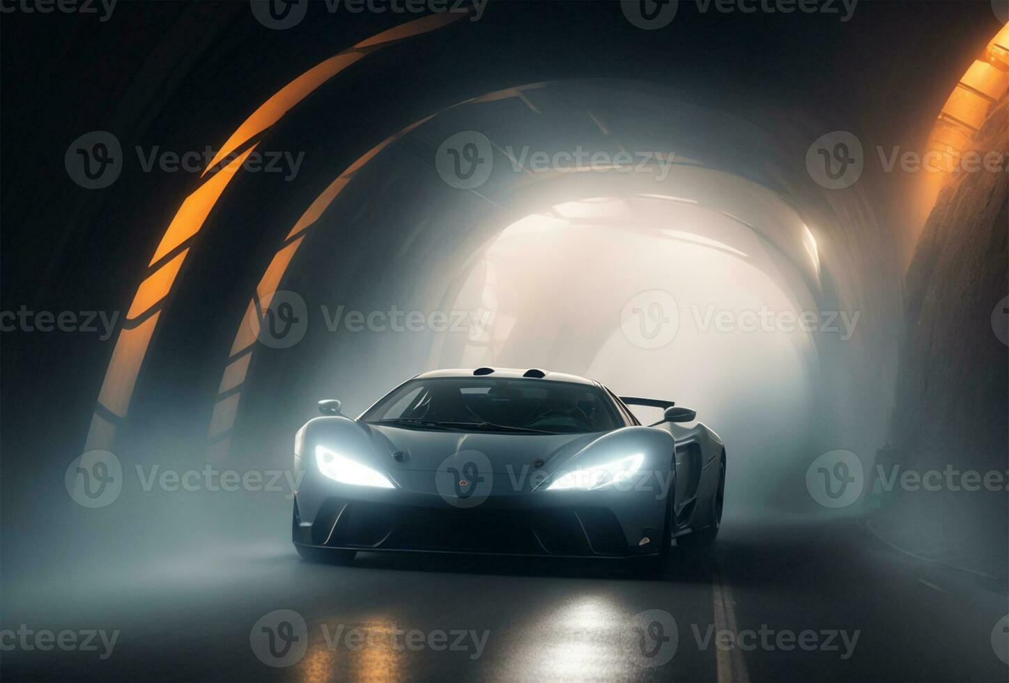 AI generated Luxury sports car driving on the road in tunnel. foggy photo